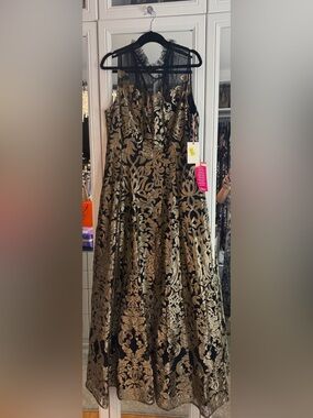 Alex Marie Black and Gold Floral Lace A-Line Prom Dress